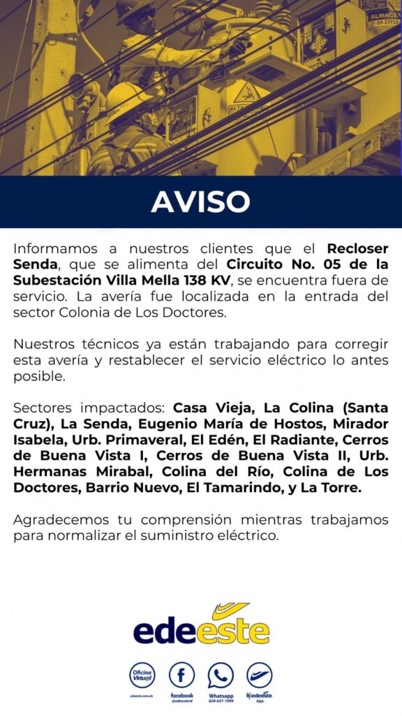 EDEESTE interviene ante avería eléctrica que afecta a sectores de Villa Mella