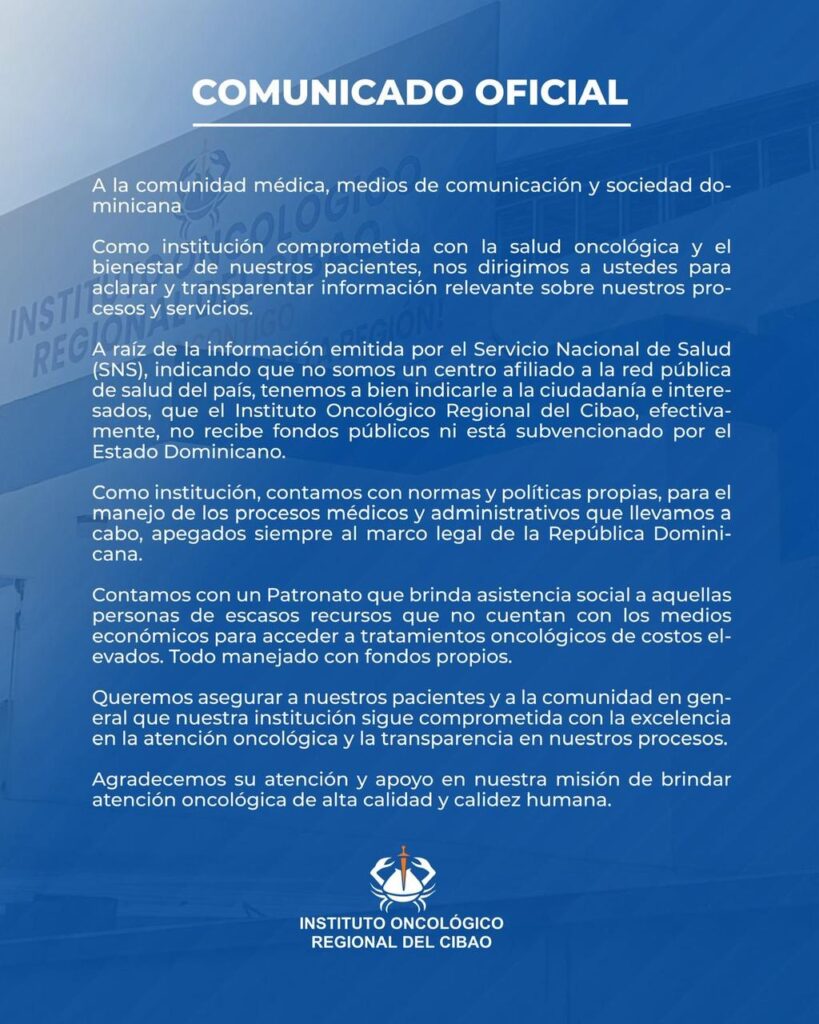 Instituto Oncológico Regional Cibao aclara no pertenece a la red pública de servicios de salud