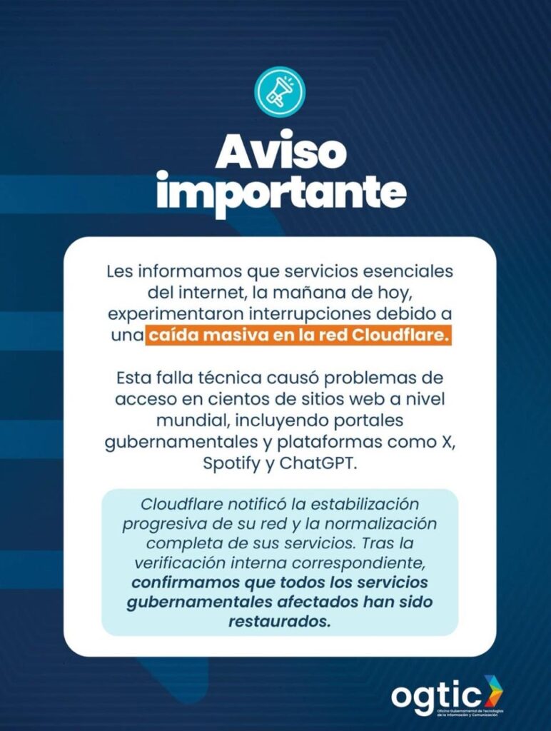 OGTIC confirma restauración completa de los servicios digitales del Estado dominicano tras incidencia global de Cloudflare