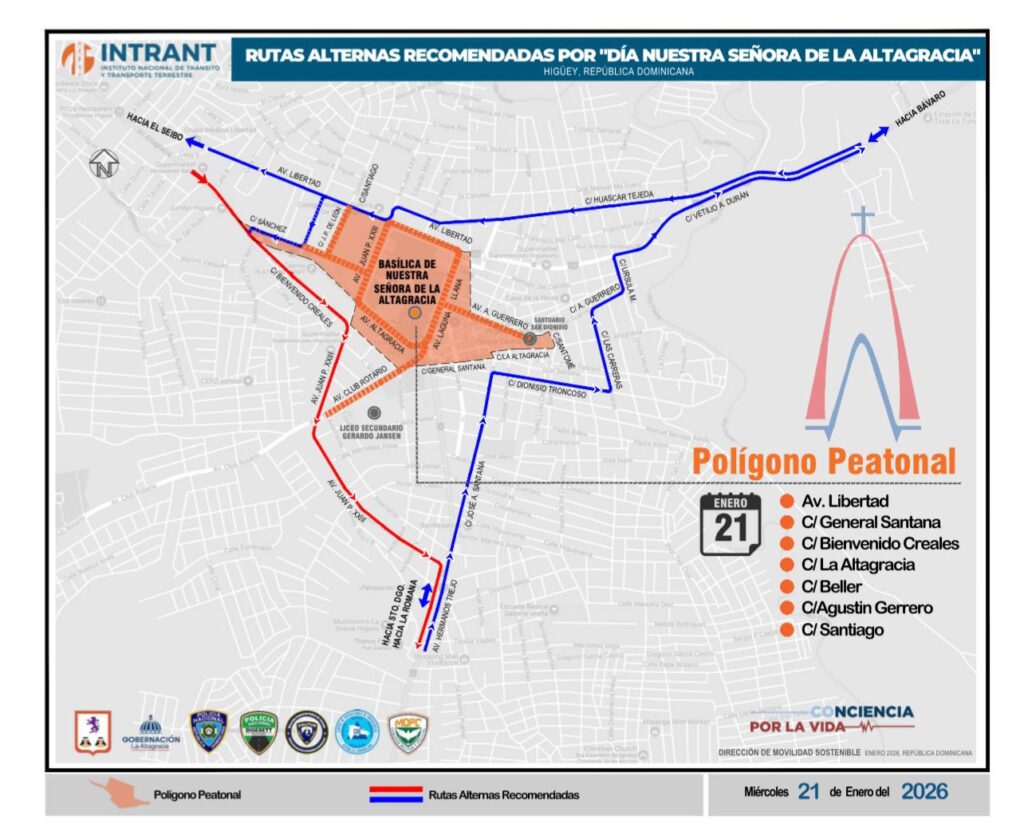 Autoridades establecen polígono peatonal y rutas alternas para garantizar una movilidad segura en Higüey por Día de la Virgen de la Altagracia